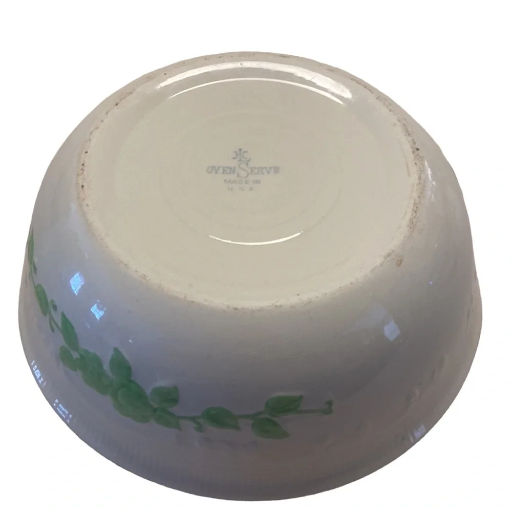 Vintage Oven Serve Made in the USA Ceramic Bowl Casserole Dish Green Floral